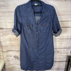 Guess Womens Button Down Roll Tab Sleeves Blue 100% Cotton Midi Dress Medium